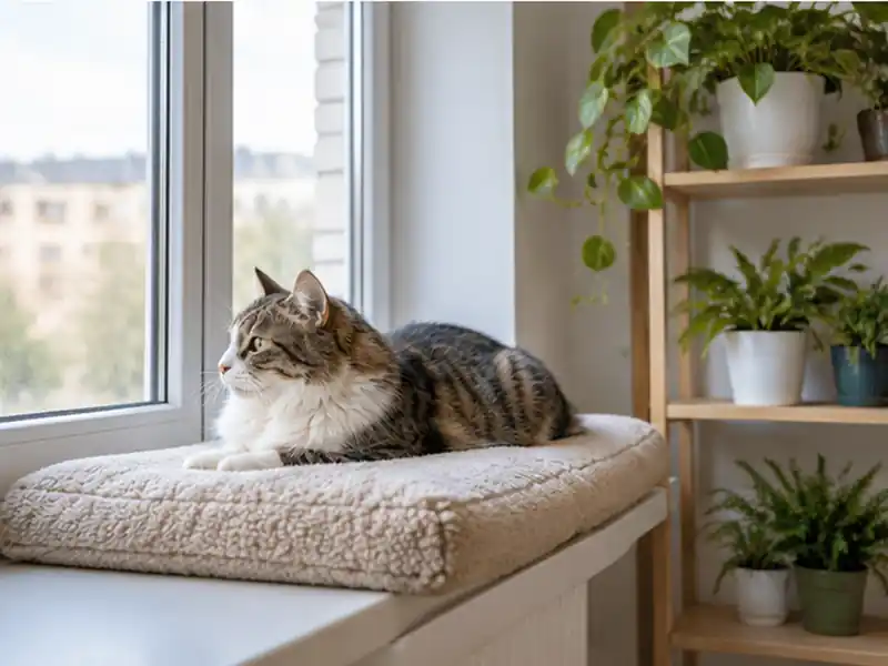 Кошка отдыхает на отдельной лежанке у окна рядом с комнатными растениями